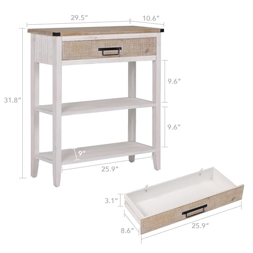 Farmhouse Console Table with Drawer, 3-Tier Rustic Entryway Table with Open Storage Shelves and Handmade Metal Handle, Narrow Foyer Sofa Table for Living Room, Entryway, Hallway (Washed White)