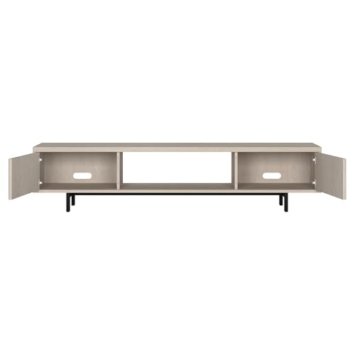 Fluted TV Stand for TVs up to 78" with 2 Ribbed Side Storage Cabinets and Open Center Storage for Living Room, Family Room, or Office, Beech White