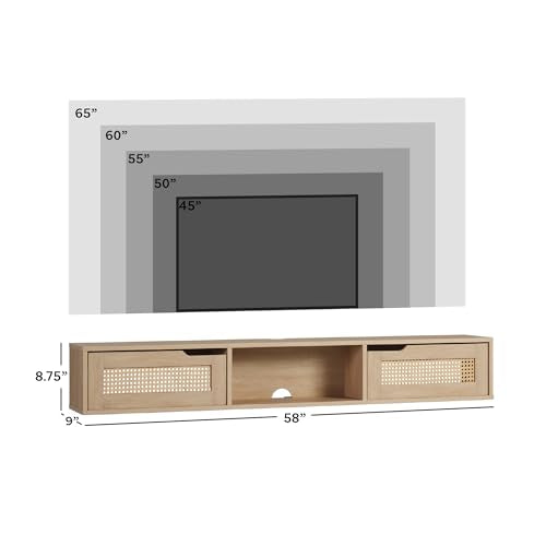 Destin Modern Rattan Flip-Down-Door Wall-Mounted Floating TV Stand for TVs up to 65 Inches, 58 Inch, Coastal Oak