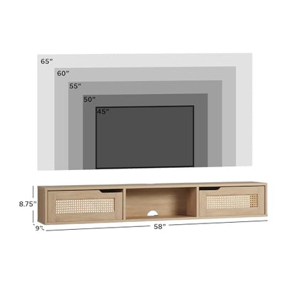 Destin Modern Rattan Flip-Down-Door Wall-Mounted Floating TV Stand for TVs up to 65 Inches, 58 Inch, Coastal Oak