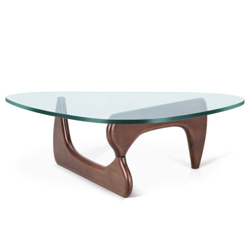 Triangle Glass Coffee Table Modern Coffee Table, with Vintage Clear Glass, and Solid Wood Base, End Table for Living Room, Office, Balcony, Patio (Dark Walnut)