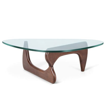 Triangle Glass Coffee Table Modern Coffee Table, with Vintage Clear Glass, and Solid Wood Base, End Table for Living Room, Office, Balcony, Patio (Dark Walnut)