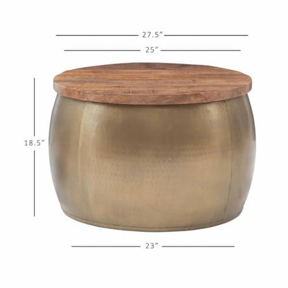 Large Drum Accent Table, 27.5 in, Mango Wood & Hammered Brass Finish, Hidden Storage, Modern Coffee Table or Ottoman, Handcrafted Decorative Furniture for Living Room or Bedroom