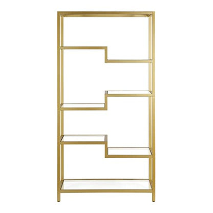 68" Tall Rectangular Bookcase in Brass, for Home Office, Living Room | Open glass shelving displays books, plants, and décor in living rooms, offices, or entryways while keeping spaces bright