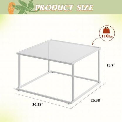 Coffee Table, Glass Coffee Table for Living Room, Modern Small Coffee Table with Tempered Glass & Metal Frame, Square Center Table for Small Spaces Apartment, Office, 26.4 x 26.4in, White