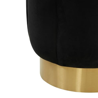SAFAVIEH Couture Collection Maxine Glam Black Velvet/Gold Channel Tufted Upholstered Round Ottoman for Living Room Bedroom Vanity Foot Stool (Fully Assembled)