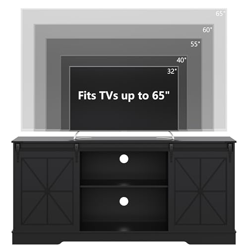 Farmhouse TV Stand for 65/60/55 Inch Tvs, Rustic Entertainment Center with Storage Cabinets & Sliding Barn Doors, Modern Media Console Table, Wood Television Furniture for Living Room, Bedroom, Black