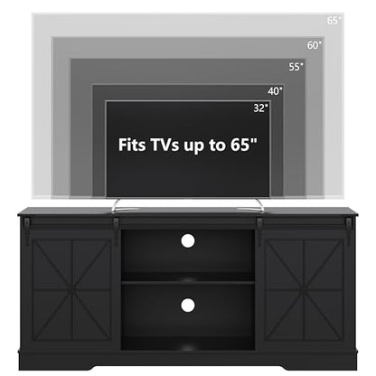 Farmhouse TV Stand for 65/60/55 Inch Tvs, Rustic Entertainment Center with Storage Cabinets & Sliding Barn Doors, Modern Media Console Table, Wood Television Furniture for Living Room, Bedroom, Black