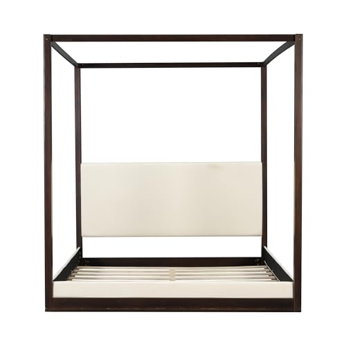 Modern King Canopy Bed Frame with Upholstered Headboard, view 7