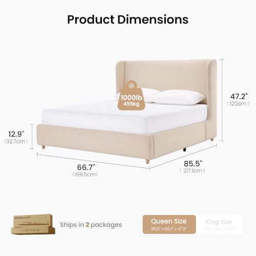 Queen Upholstered Bed Frame, 47" Tall Wingback Headboard, Beige, view 3