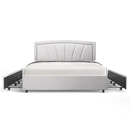 Storage Bed Frame Upholstered Low Profile Traditional Platform with Tufted and Nail Headboard/No Box Spring Needed/4 Pull Out Drawers/Light Grey Linen Fabric (Full Size)