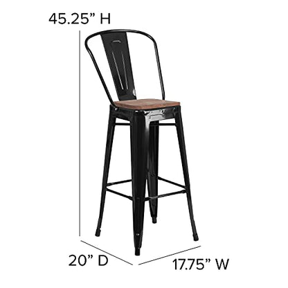 Lily 30" High Black Metal Barstool with Vertical Slat Back and Wood Seat