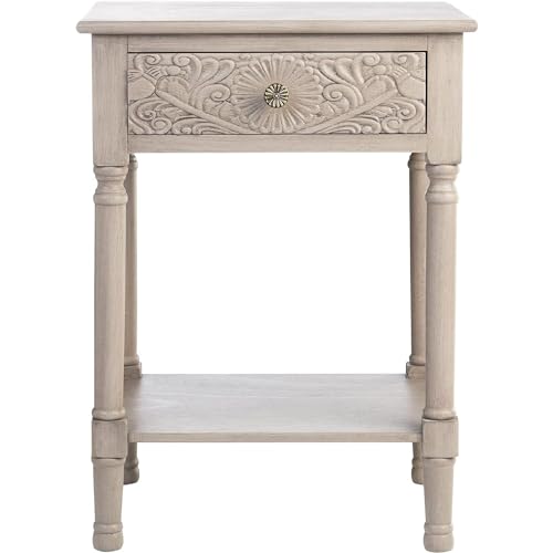 SAFAVIEH Home Collection – Josie Greige Accent Table with Drawer & Shelf, Old World Farmhouse Nightstand, Carved Floral Detail (ACC5706B)