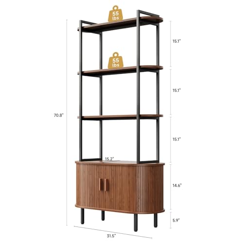 4 Tier Bookshelf with Cabinet, 71" Tall Display Bookcase Walnut, view 3
