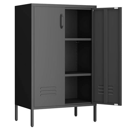 Metal Storage Cabinet,Metal Cabinets with Doors and Adjustable Shelves,2 Door Storage Cabinets with Legs,Morden Accent Cabinets for Home Office,Black