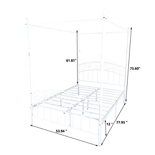 Metal Canopy Bed Frame Four-Poster, Full, White, view 3