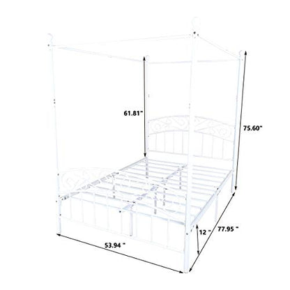 Metal Canopy Bed Frame Four-Poster, Full, White, view 3