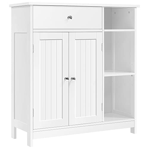 White freestanding floor cabinet with doors, drawer and shelves, view 2