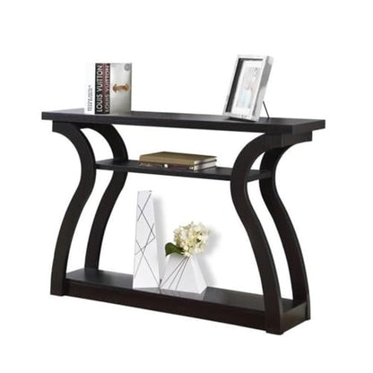 47" Three Tier Hall Console Accent Table, Cappuccino Finish, Wood Construction, 32" H x 12" W x 47" D, Open Shelves, Curved Base, Stylish Hallway, Living Room or Home Office Storage