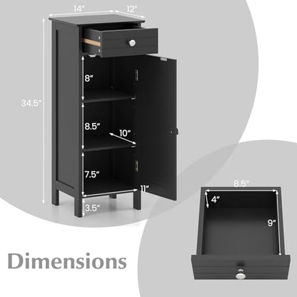Bathroom Floor Cabinet, Free-Standing Single Door Storage Cabinet with Drawer & 2 Adjustable Shelves, Wooden 14”L Narrow Side Storage Organizer for Small Spaces, Living Room, Kitchen (Black)