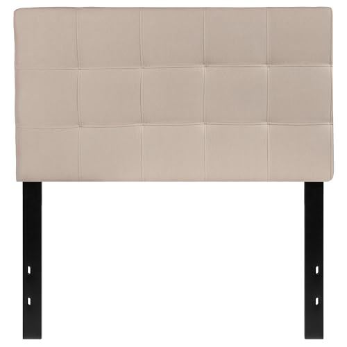 Contemporary Twin Fabric Panel Headboard, Beige Upholstery, Adjustable Metal Bed Rail Slots, Button Tufting and Box Stitch Design, 22" H x 39.25" W, Modern Bedroom Furniture