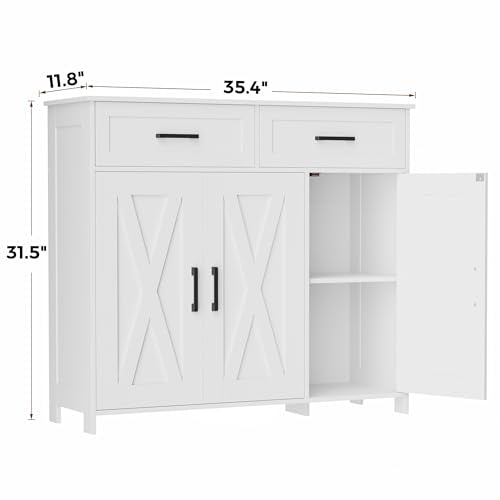 Sideboard Buffet Cabinet, Coffee Bar Storage Cabinet with Drawers and Doors, Farmhouse Kitchen Cabinet with Adjustable Shelves, for Kitchen, Dining Room, Living Room, White