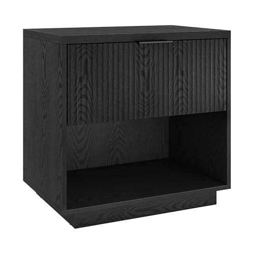 Natural black fluted nightstand with drawer and open cubby, view 2