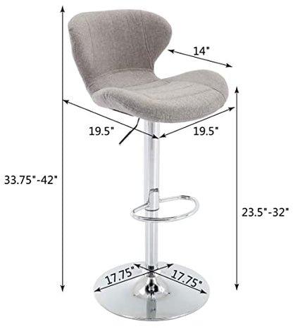 Fabric Adjustable Bar Stools, Swivel Airlift Barstools with Back, Upholstered Armless Counter Height Chairs for Kitchen Dining Pub Cafe Set of 2 (Grey)