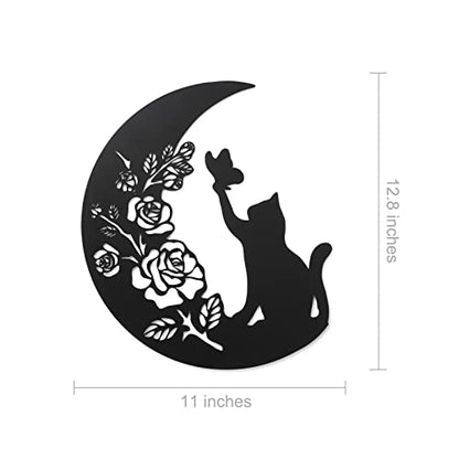 Metal Black Cat Wall Decor, Cat On the Moon Wall Art,Cat Catch Buttefly Wall Scuplture, Cats Lover Gifts for Christmas
