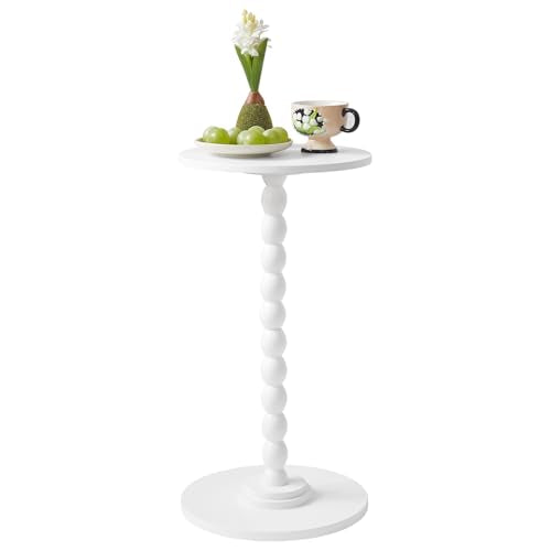 Side Table, Wood Round Drink Table, Small End Table, Weighted Base Pedestal Table for Living Room, Bedroom, Modern White YD-RST001W