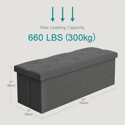 43'' Folding Storage Ottoman Bench, Storage Chest, Linen Fabric Foot Rest Stool, 158L Storage Footstools for Bedroom and Living Room, Holds up to 660 lbs, DGray