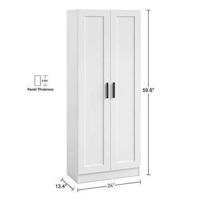 Wooden Storage Cabinet, Narrow Pantry Cabinets Free Standing Tall Storage Cabinet with 2 Doors and Shelves (White)
