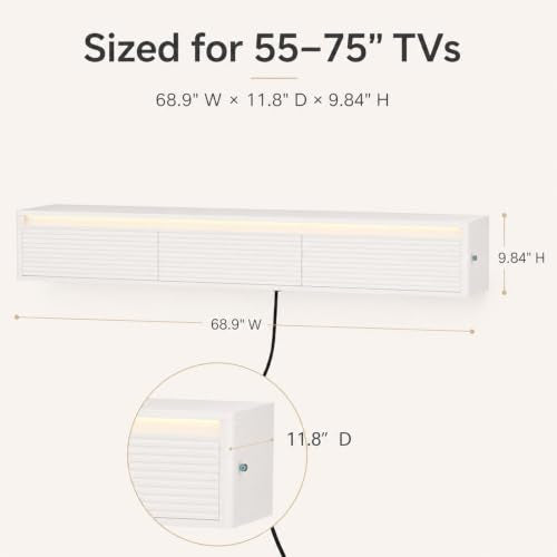 69" Fluted Floating TV Stand Wall Mounted with LED Power Outlets White, view 3