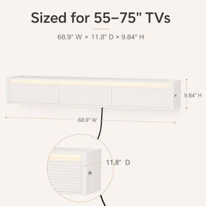 69" Fluted Floating TV Stand Wall Mounted with LED Power Outlets White, view 3
