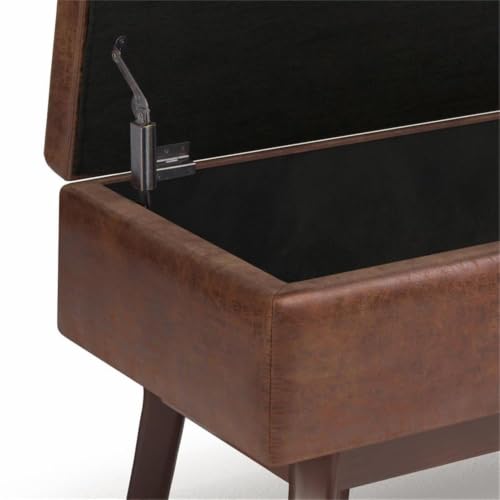 36" Faux Leather Storage Ottoman, Saddle Brown, Mid Century Design, Exposed Solid Wood Base, Lift-Up Lid with Child-Safety Hinge, Cushioned Top, Living Room or Family Room Furniture