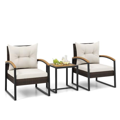 3 Piece Patio Conversation Set, Includes 2 Rattan Chairs and Coffee Table, Solid Acacia Wood Armrests & Tabletop, Outdoor Cushioned Wicker Furniture Set for Backyard, Poolside, Lawn, Garden