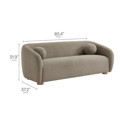 Holland 85 Inch Minimalist Curved Back Sofa in Taupe – Chenille Fabric Sofa with Ball Throw Pillows and Wood Feet – Modern 3-Seater Couch for Living Room