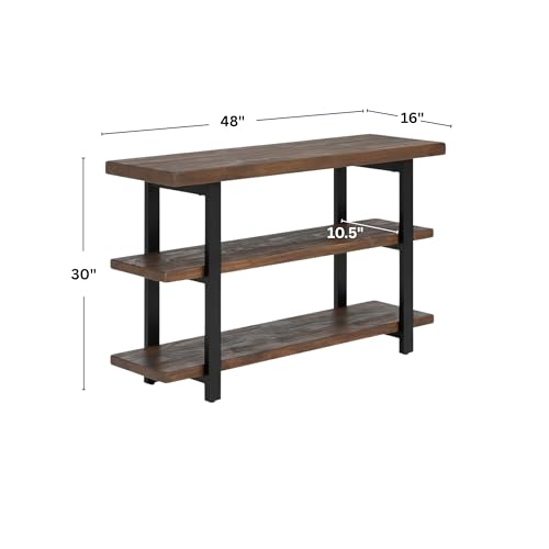 Pomona 3-Tier Solid Wood Media Console Table with 2 Open Shelves and Metal Legs - Rustic Industrial Farmhouse TV Stand and Storage Console (Rustic Brown)