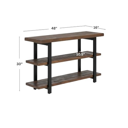 Pomona 3-Tier Solid Wood Media Console Table with 2 Open Shelves and Metal Legs - Rustic Industrial Farmhouse TV Stand and Storage Console (Rustic Brown)