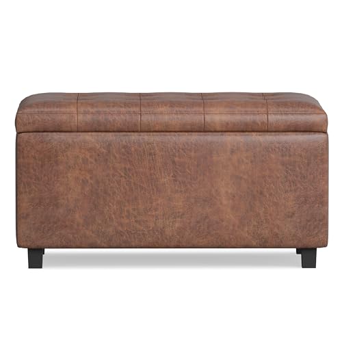 Cosmopolitan Storage Ottoman - 34 inch Wide Upholstered Vegan Leather Rectangle Storage Ottoman Bench in Distressed Saddle Brown, Transitional Tufted Ottoman for Entryway with Lift-Up Lid