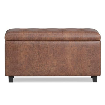 Cosmopolitan Storage Ottoman - 34 inch Wide Upholstered Vegan Leather Rectangle Storage Ottoman Bench in Distressed Saddle Brown, Transitional Tufted Ottoman for Entryway with Lift-Up Lid