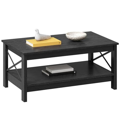 Coffee Table for Living Room, Modern Farmhouse Coffee Table with Storage, 2-Tier Center Table Wood Living Room Table Accent Cocktail with Sturdy Frame, Black