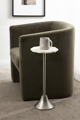 Sanzo Modern Pedestal Drink Table; 10 x 10 x 23; White Marble and Silver; Decorative End Table with Scalloped Marble Tabletop for Use as Small Plant Stand or Cute Martini Table