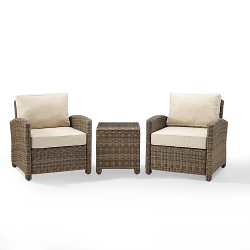 Crosley Furniture KO70052WB-SA Bradenton Outdoor Wicker 3-Piece Seating Set (2 Arm Chairs, Side Table), Weathered Brown with Sand Cushions