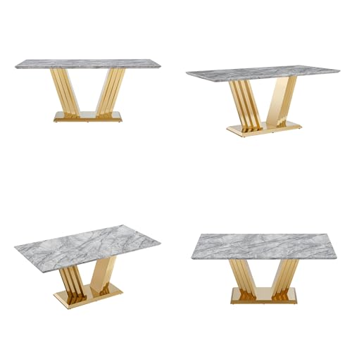 Marble Dining Table for 6 People, 70'' Rectangle Faux Marble Dining Table with Mirrored Stainless Steel Base, Large Size Marble Kitchen Table (Gold,Grey)(only Table)