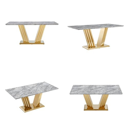 Marble Dining Table for 6 People, 70'' Rectangle Faux Marble Dining Table with Mirrored Stainless Steel Base, Large Size Marble Kitchen Table (Gold,Grey)(only Table)