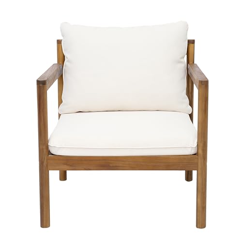 Krixi Acacia Wood Lounge Chair Outdoor with Rope Accent, Accent Chair with Water-Repellent Cushions, Comfy Chairs for Garden/Backyard, Heavy Duty Patio Furniture, Teak + Cream