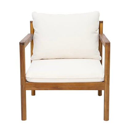 Krixi Acacia Wood Lounge Chair Outdoor with Rope Accent, Accent Chair with Water-Repellent Cushions, Comfy Chairs for Garden/Backyard, Heavy Duty Patio Furniture, Teak + Cream