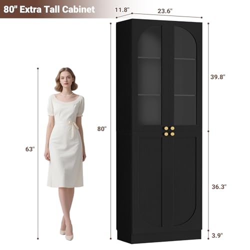 80" Kitchen Pantry, Tall Arch Storage Cabinet with Tempered Glass & Soft Close Doors, Freestanding Wood Floor Cupboard Bookcase with Seamless Fit Wall for Dining Room, Living Room, Bathroom