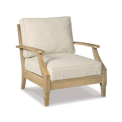Signature Design by Ashley Clare View Outdoor Lounge Chair, Eucalyptus Wood Frame, 5-Step Protective Finish, Nuvella Fabric Cushions for Patio Seating, 30" W x 35" D x 32" H, Beige